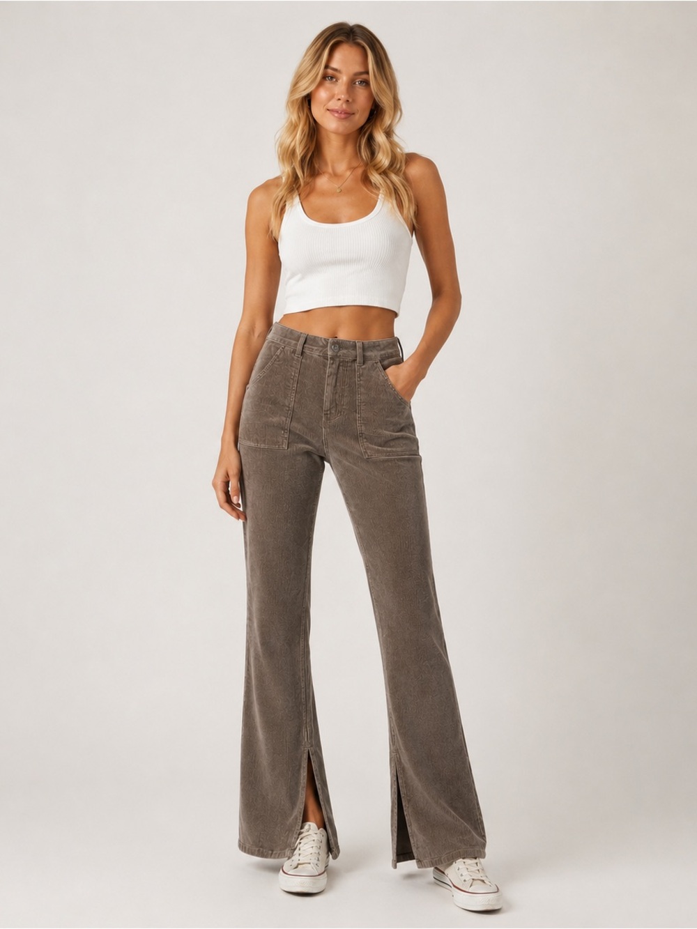 The Normal Brand Women’s Brown Gray Corduroy Split Flare High Rise Pants Size 27